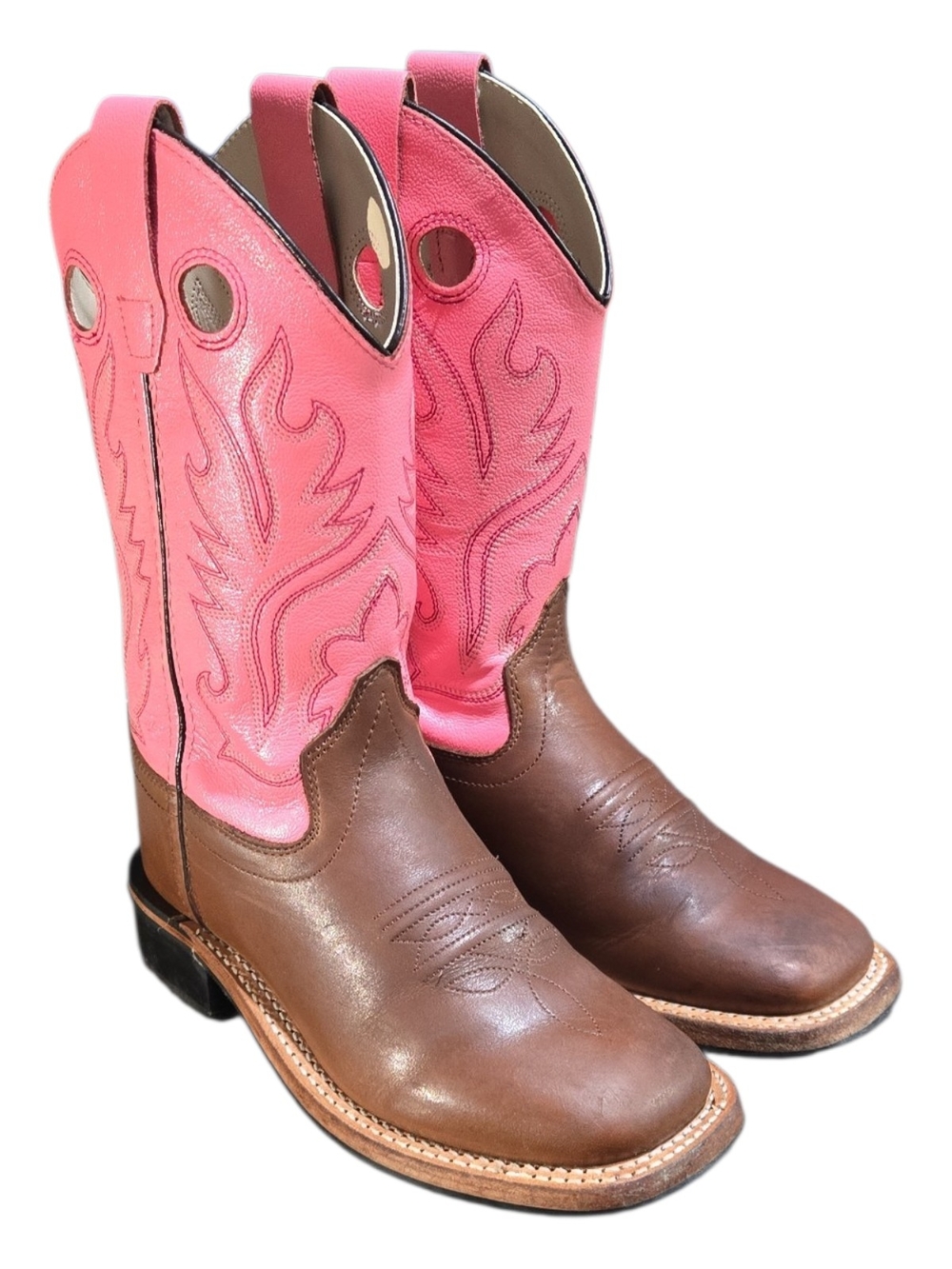 OLD WEST Brown Pink Leather Square Toe Cowboy Boots Youth Size 1 Style BSC1839